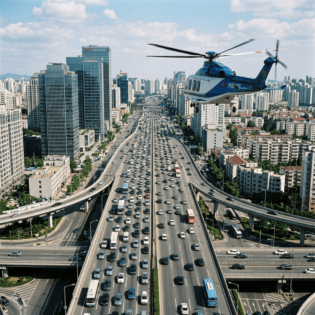 Police helicopter flying over congested city highway with high-rise buildings